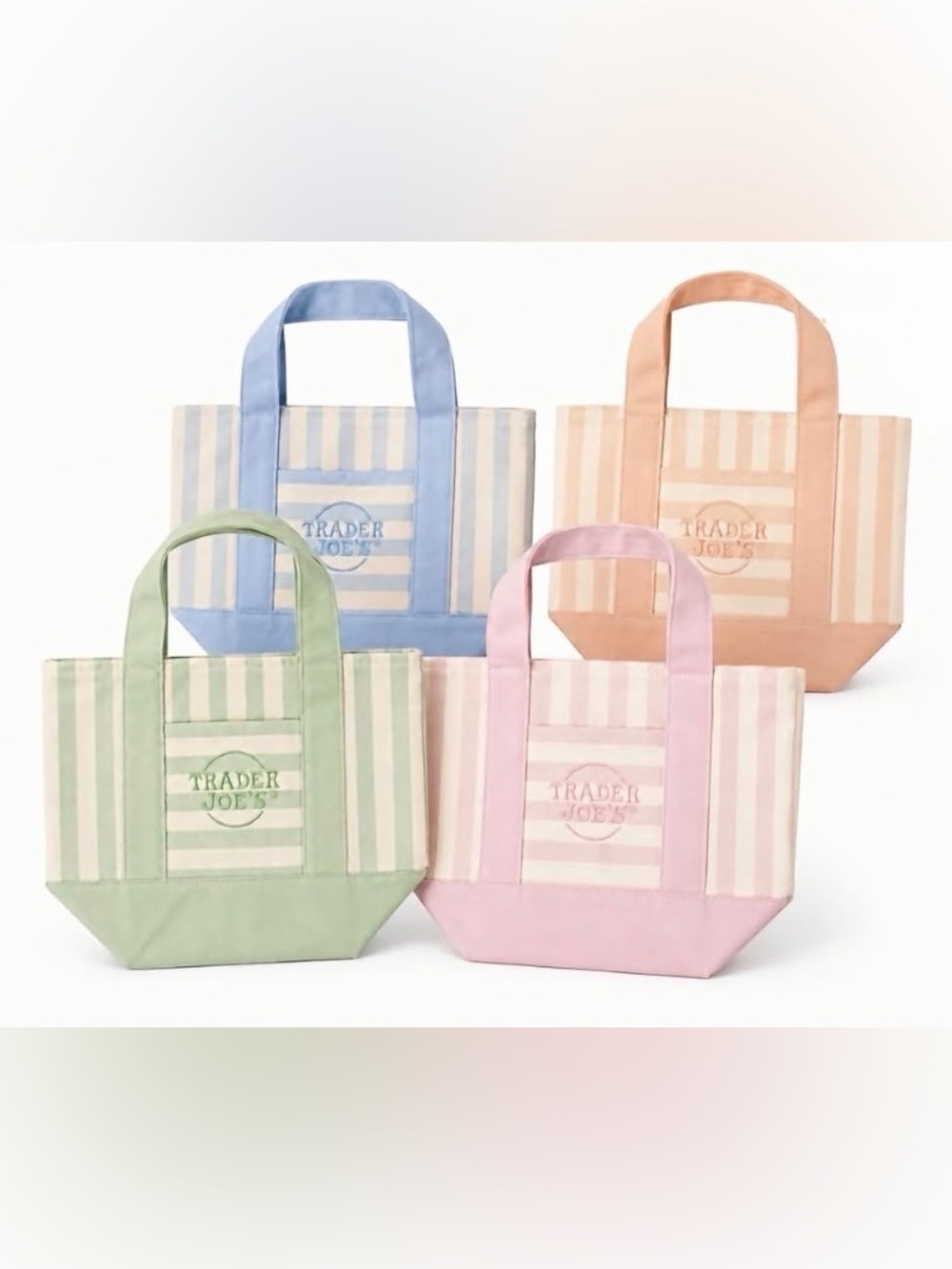 Complete set of 4 Trader Joe’s Mini Pastel Stripe Canvas Tote Bags! NWT 🌸🩵🍑🌿